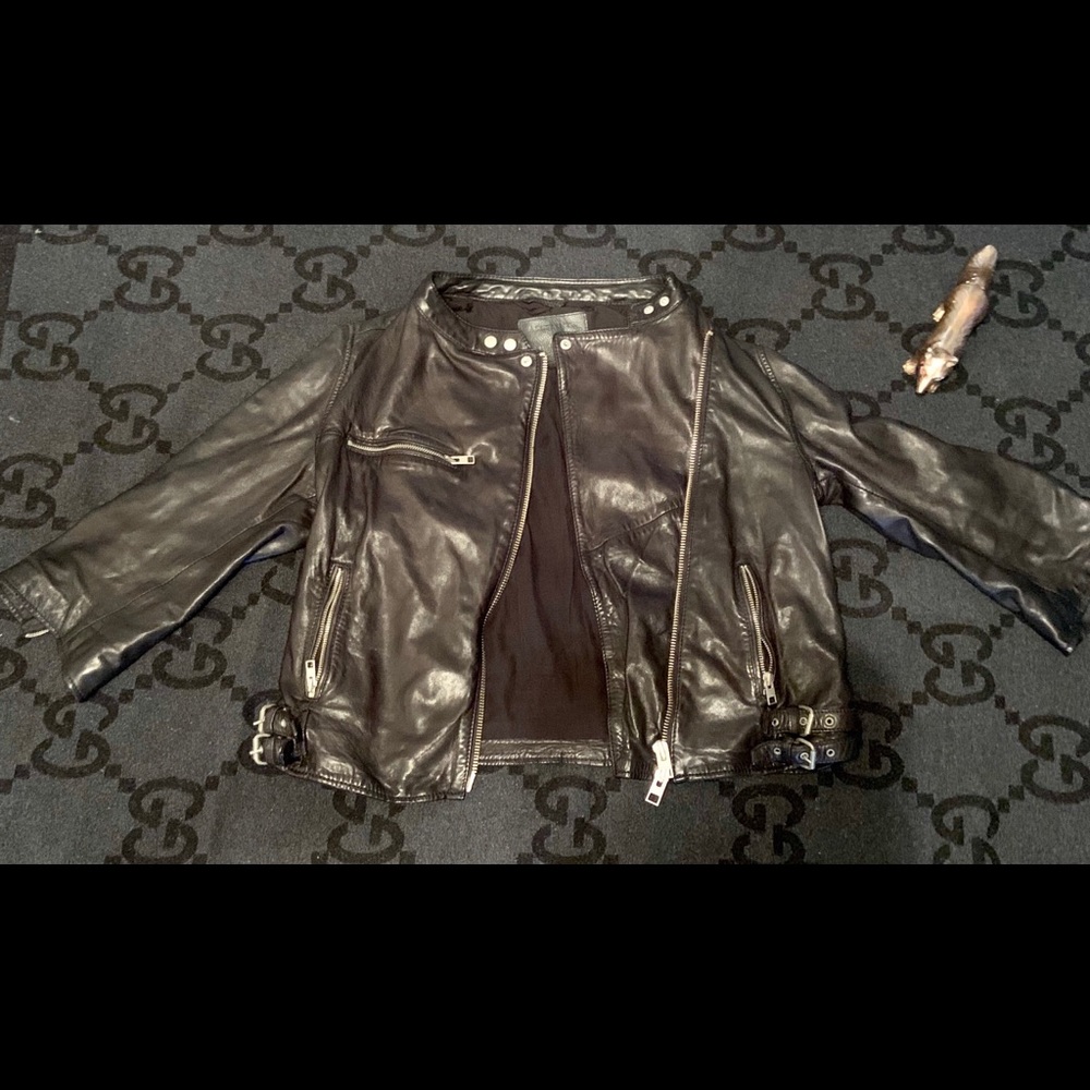 All Saints Turne Biker cropped blk leather jacket